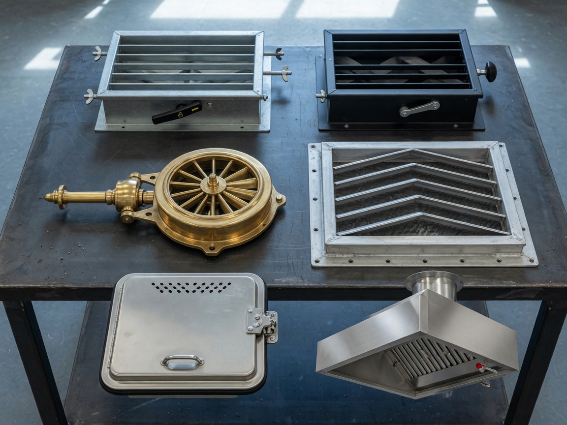 Marine HVAC dampers, louvers, punkah and galley hood on a steel table