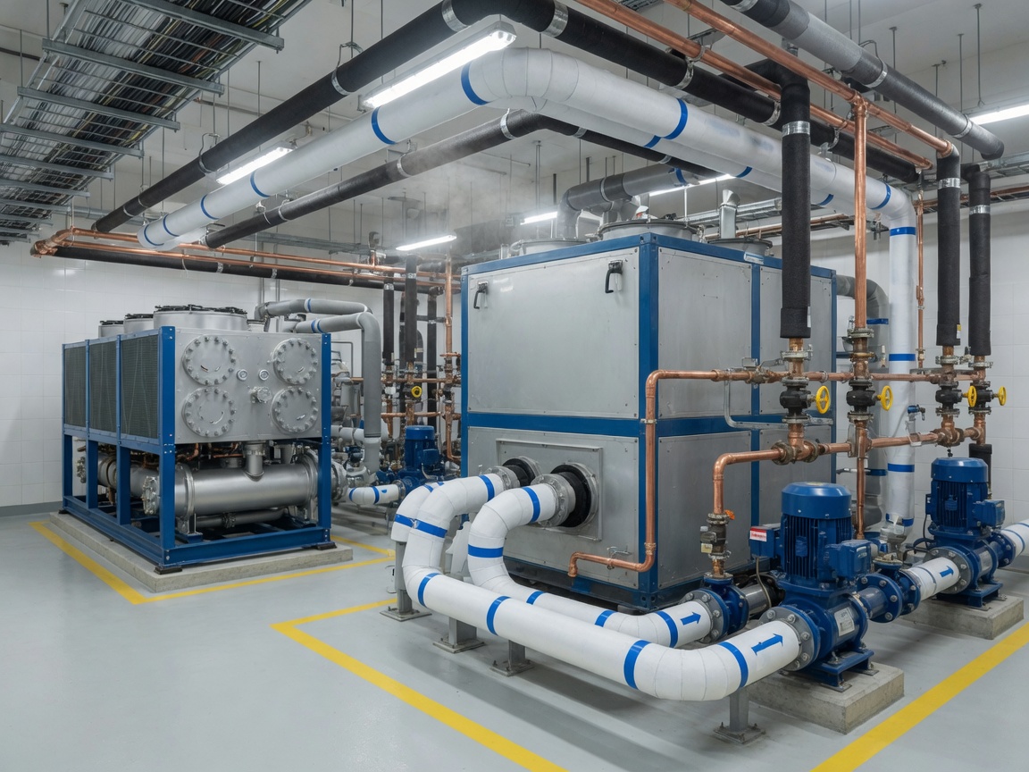 Air handling unit, chiller and chilled water pumps in a plant room