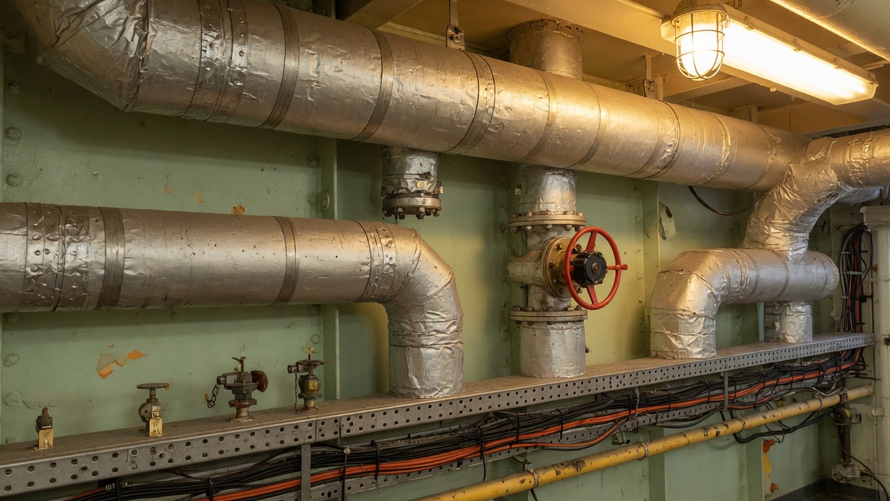 Insulated HVAC trunks running along a ship engine-room bulkhead