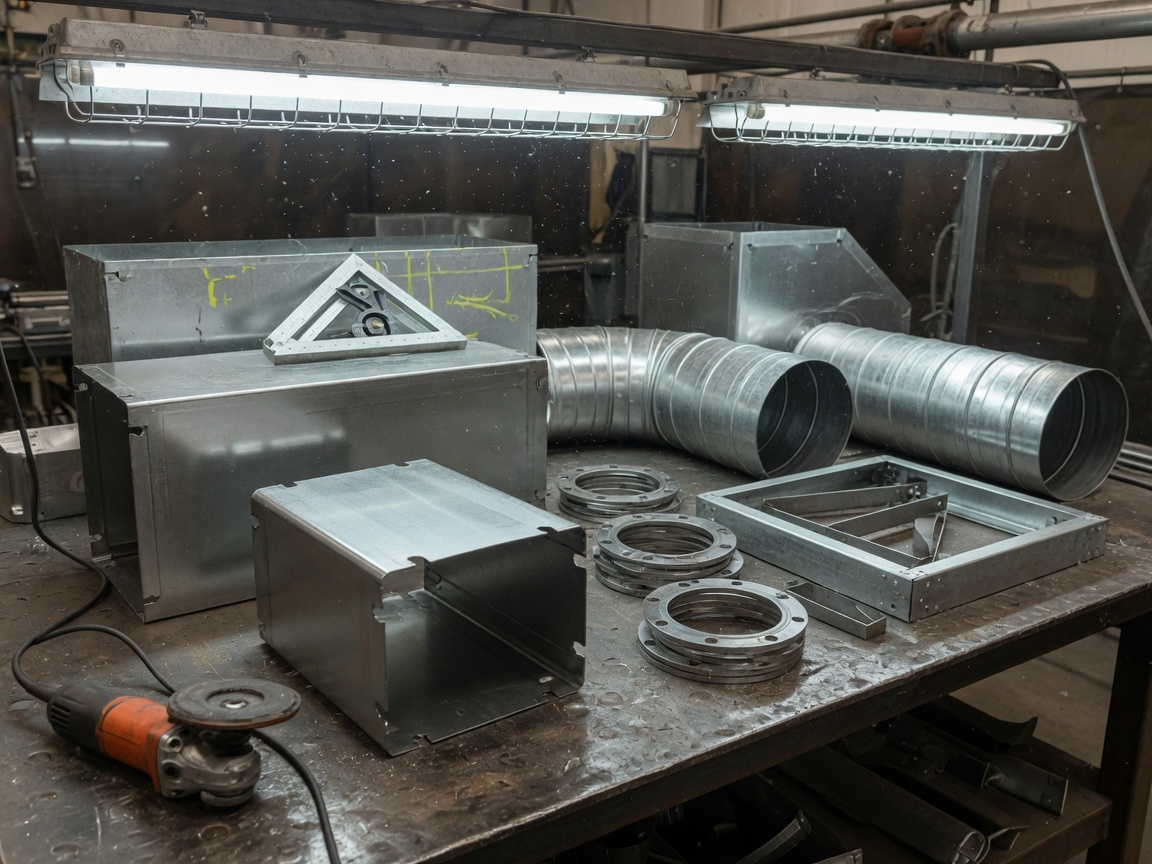 Stainless and galvanized HVAC ducts being fabricated on a workshop bench