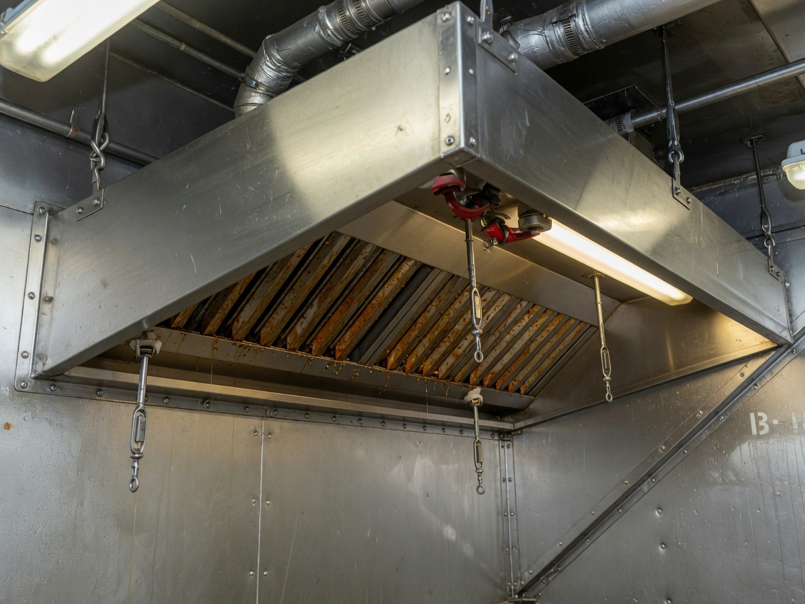 Stainless galley exhaust hood installed in a ship galley