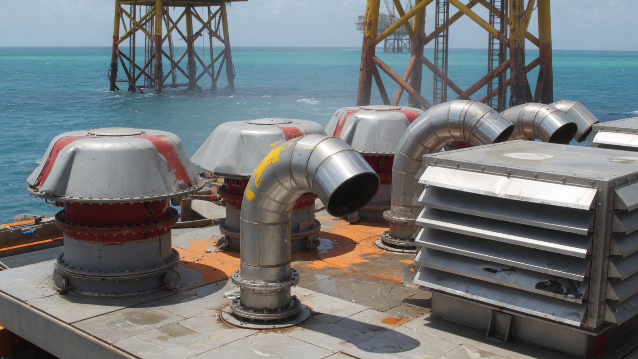 Mushroom ventilators, gooseneck vents and marine louvers on an offshore platform deck
