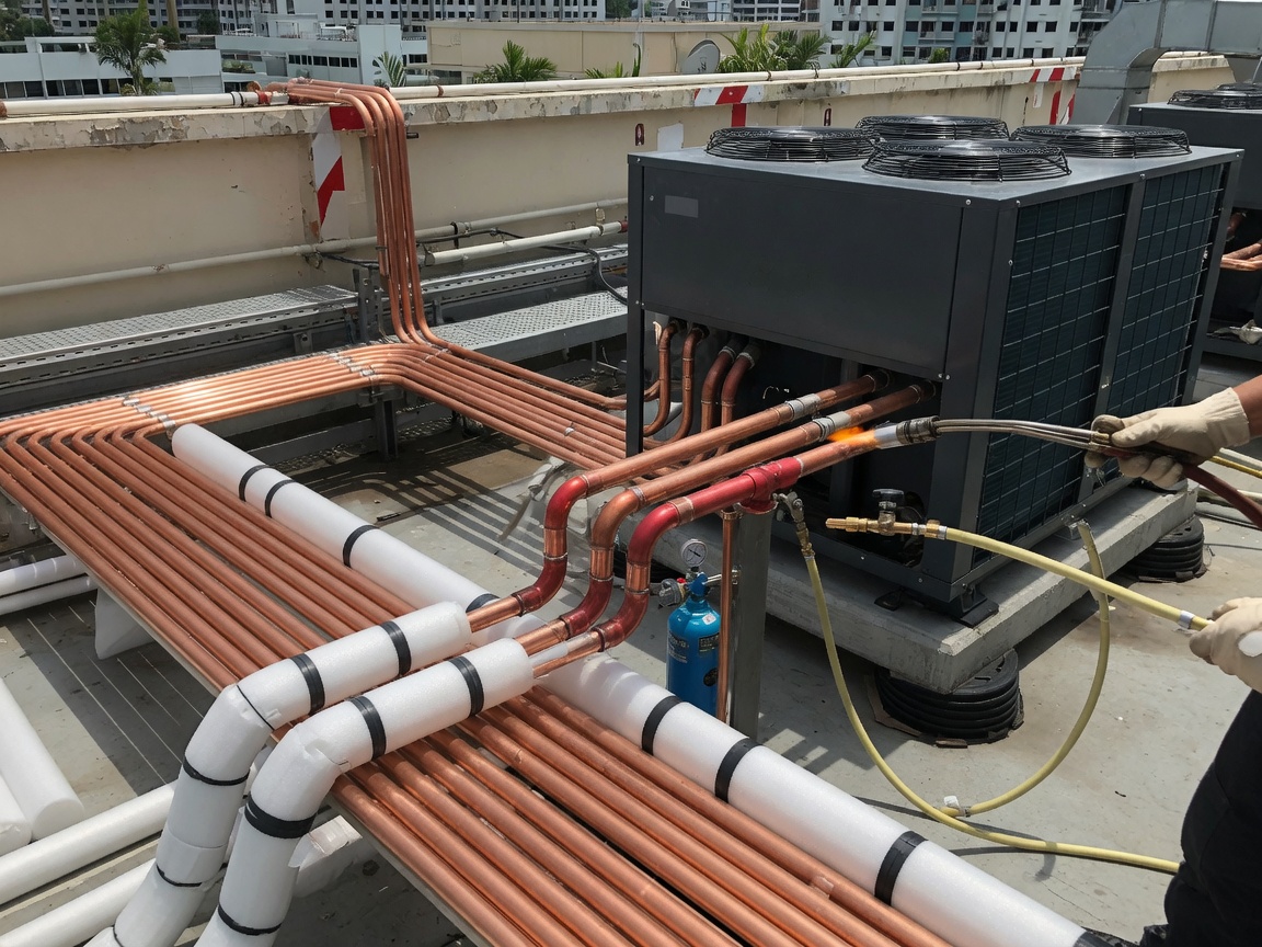 Nitrogen-purged copper refrigerant piping next to a VRF condensing unit