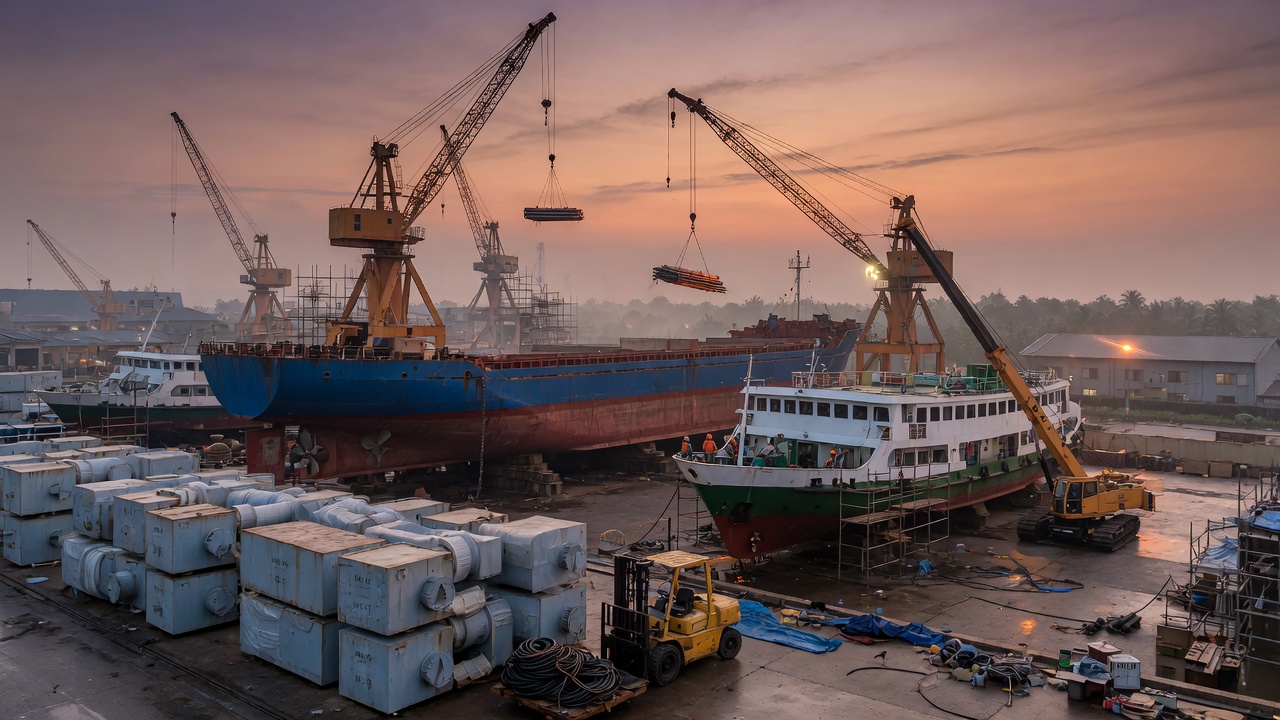 Shipyard quay at dusk with vessels and HVAC duct crates