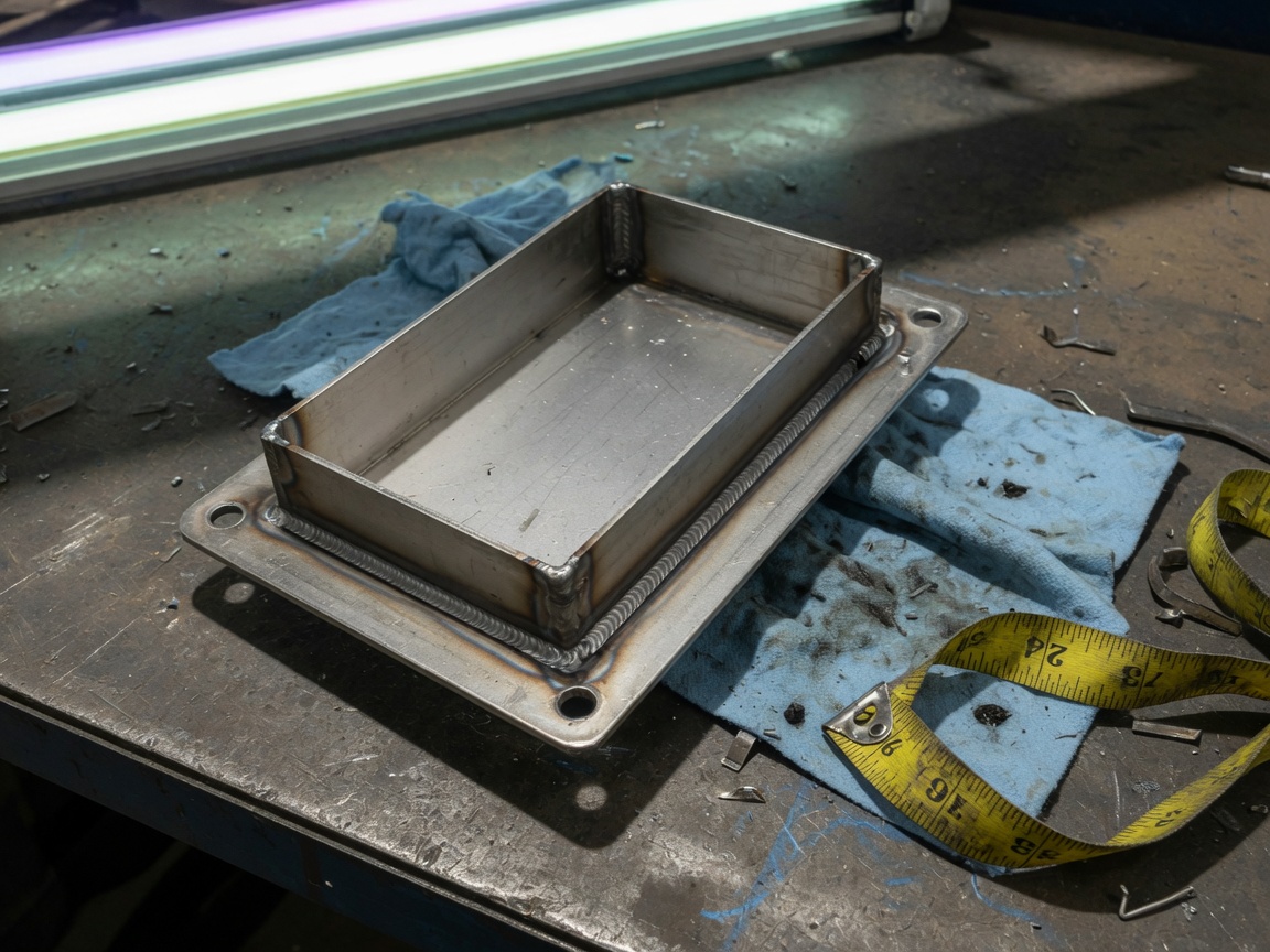 TIG-welded marine SS316L duct flanges on a shop bench